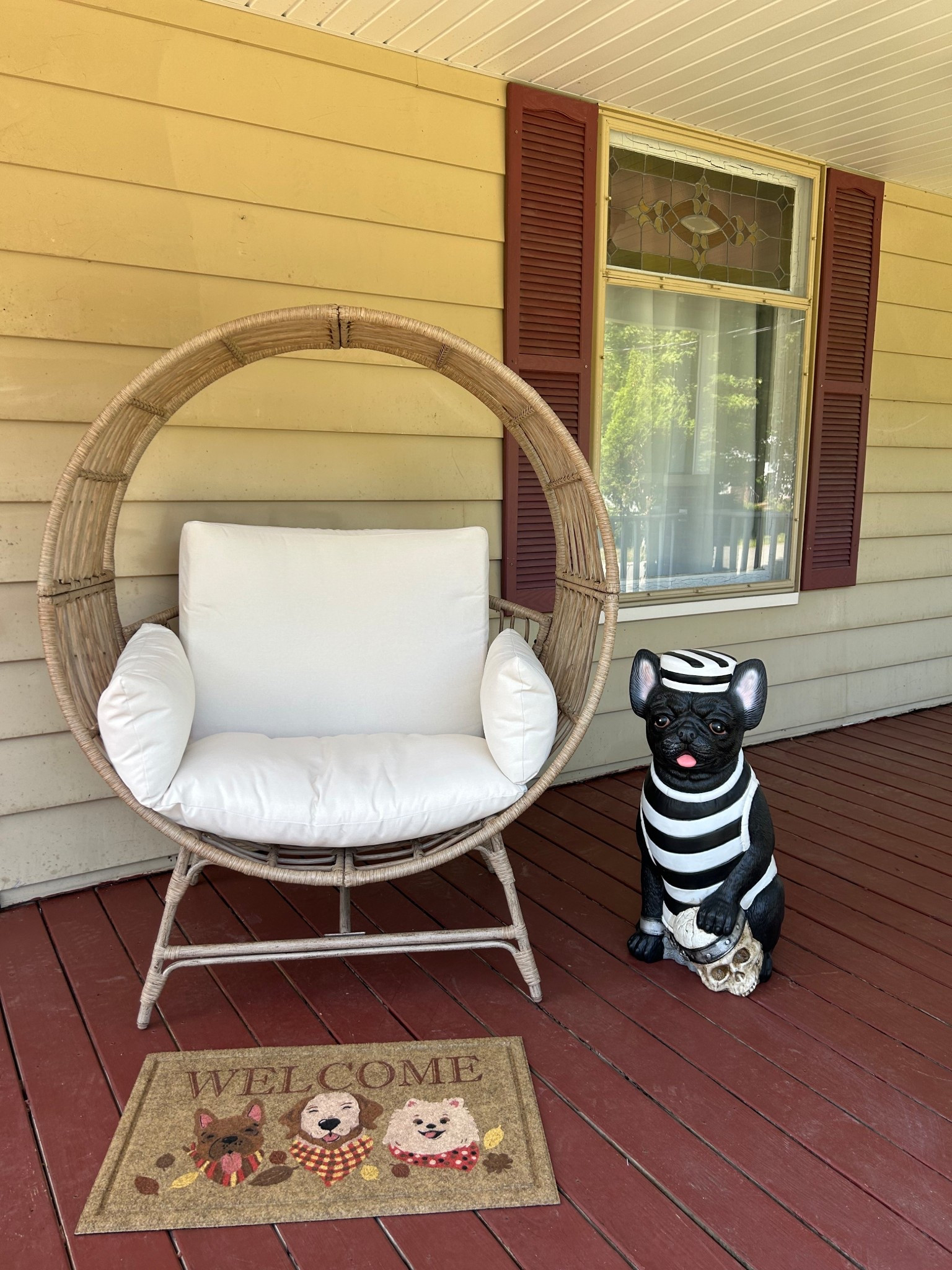 Oversized round egg chair and puppy fall outdoor mat with classic Halloween LED French bulldog

Fall porch ideas, seasonal decorating, home Halloween ideas 

#LTKFallSale #LTKHome #LTKSeasonal