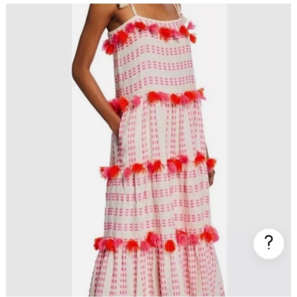 Anthropologie Pink Tiered Midi Dress with Red Pom Trim | Poshmark