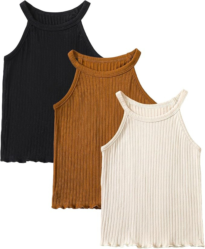 ROMPERINBOX Toddler Tank Tops Girls 3 Pack Ribbed Knit Multipacks Halter Top Camisoles Undershirt | Amazon (US)
