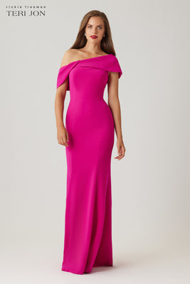Crepe Off The Shoulder Cuff Asymmetrical Godet Gown | TERI JON