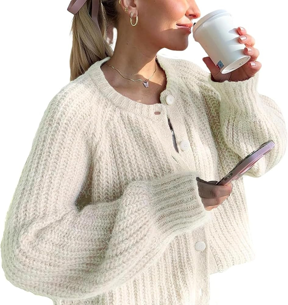 Watashi Women's Casual Long Sleeve Cardigan Round Neck Solid Color Sweater | Amazon (US)