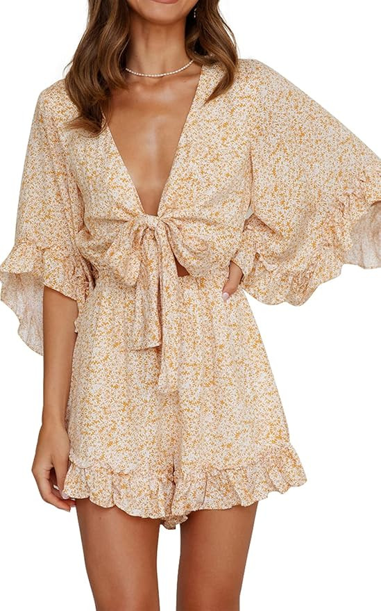 PRETTYGARDEN Women’s Leopard Print Shorts Jumpsuit Wrap V Neck 3/4 Sleeve Casual Loose Oversize... | Amazon (US)