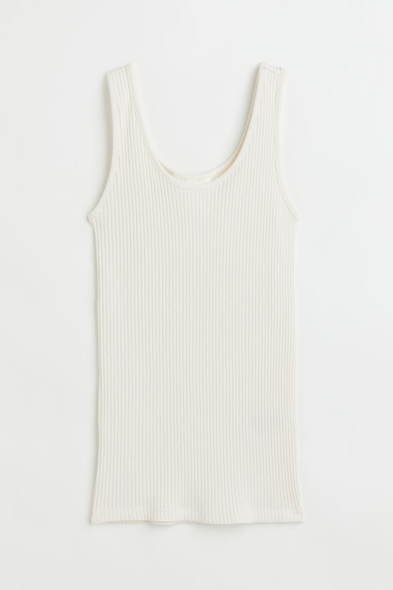 Fitted tank top in soft, ribbed cotton-blend jersey. Low-cut neckline and wide shoulder straps.Si... | H&M (US + CA)