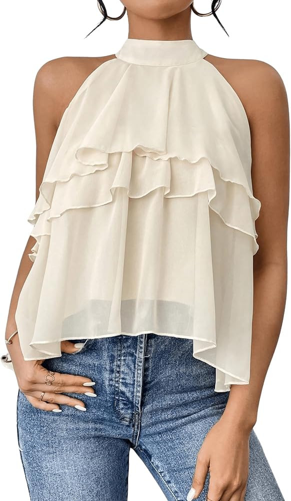 Floerns Women's Ruffle Hem Layered Blouse Top Halter Sleeveless Elegant Shirts | Amazon (US)