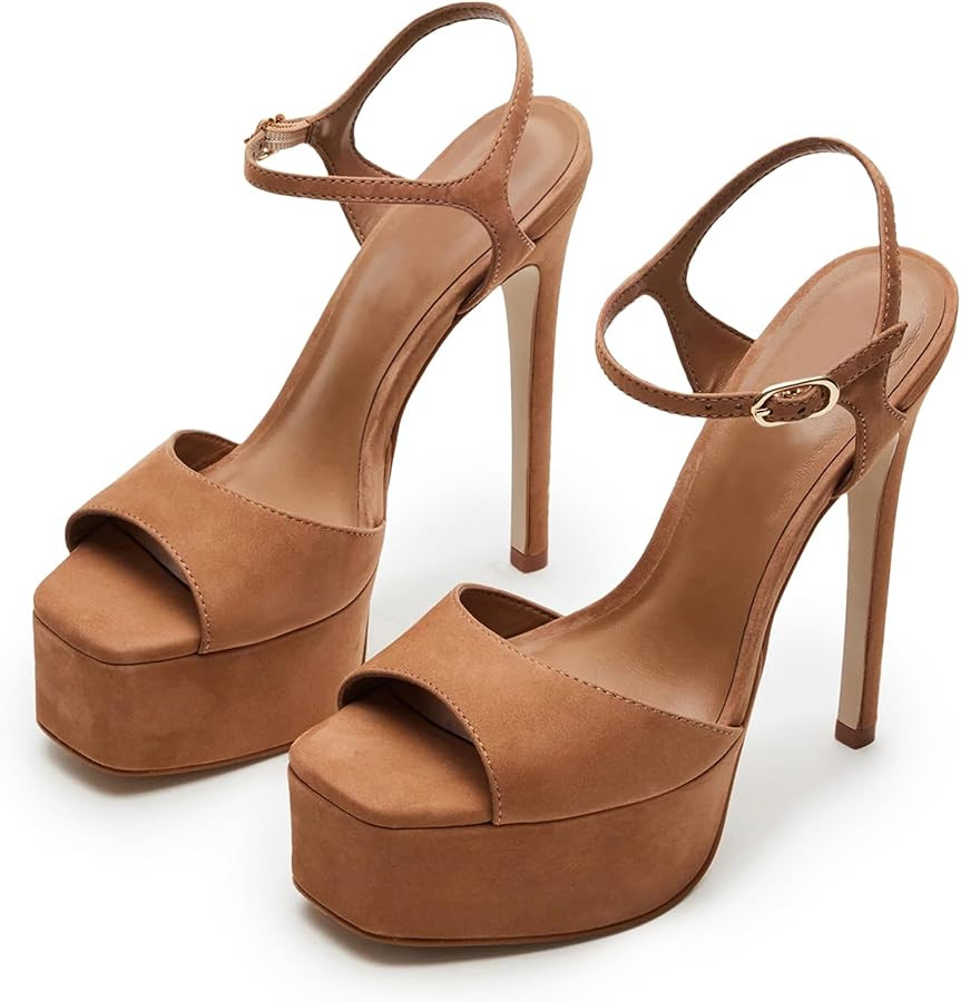 UBWDU Stiletto High Platform Heels for Women Square Open Toe Ankle Strap Heeled Sandals Prom Dres... | Amazon (US)