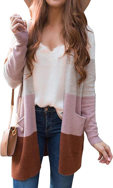 ECOWISH Womens Color Block Striped Draped Kimono Cardigan with Pockets Long Sleeve Open Front Cas... | Amazon (US)