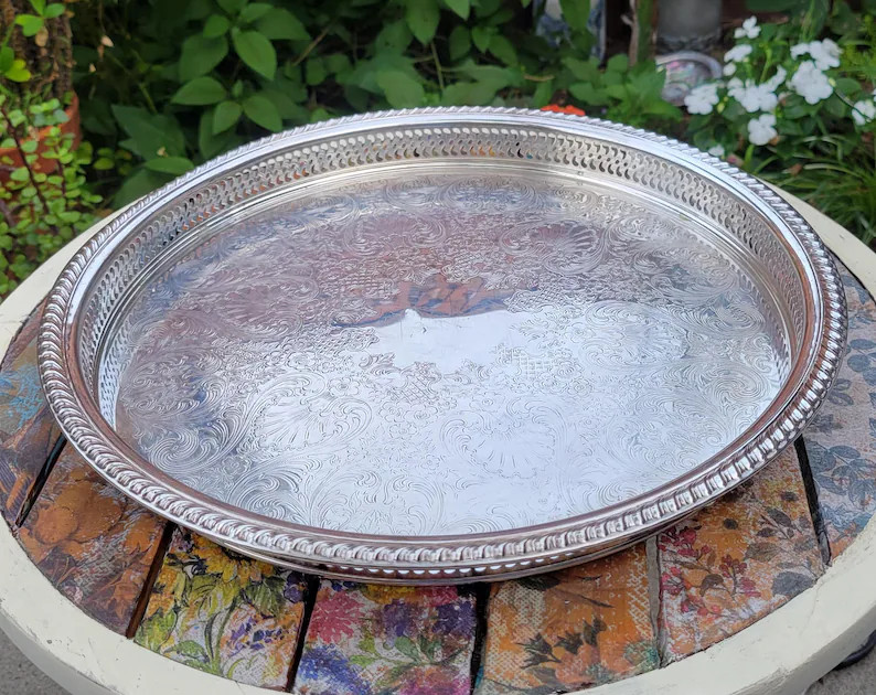 Ornate Round Silver Plated Serving Tray, Rope Edge, Etched Floral Design - 1960s | Etsy (US)
