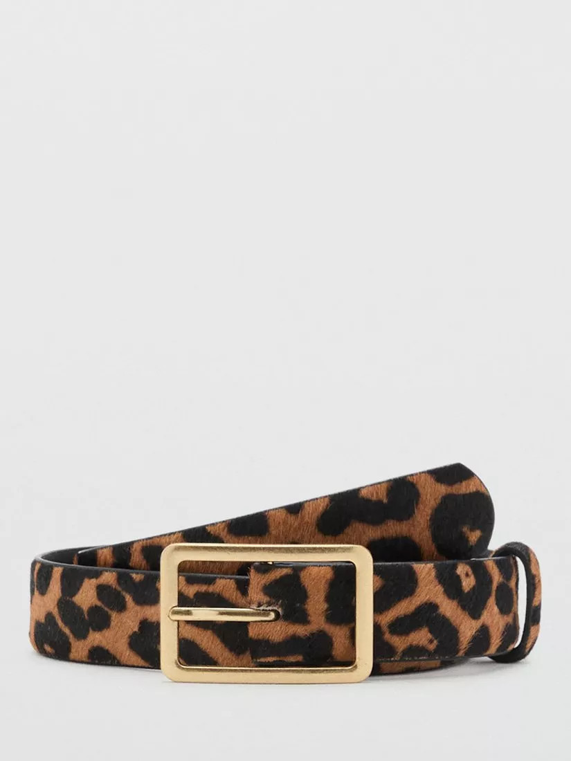 Mango Leopard Print Textured Leather Belt, Brown | John Lewis (UK)