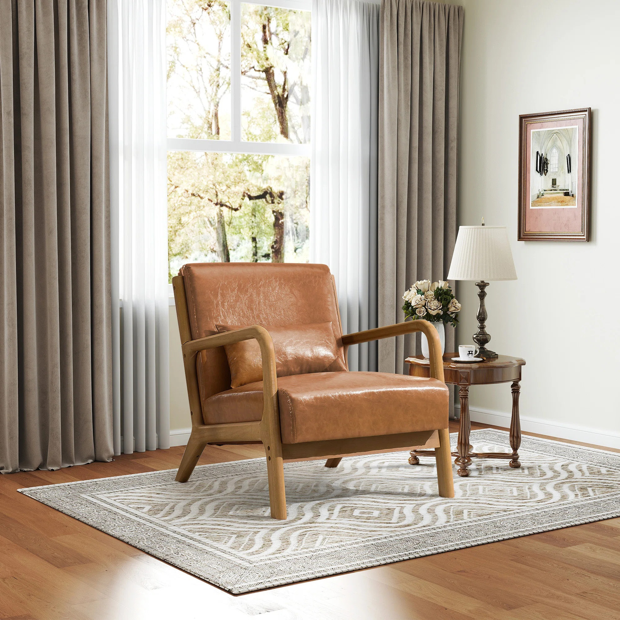 25.78" Wide Mid Century Faux Leather Accent Chair with an Extra Pillow | Wayfair North America