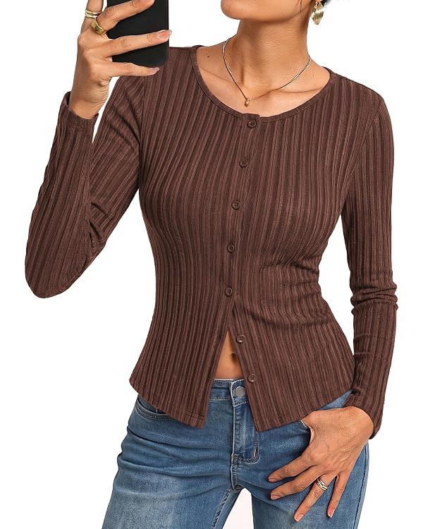 Kate Kasin Women Long Sleeve Ribbed Button Up Slim Fit Lightweight Shirts | Amazon (US)
