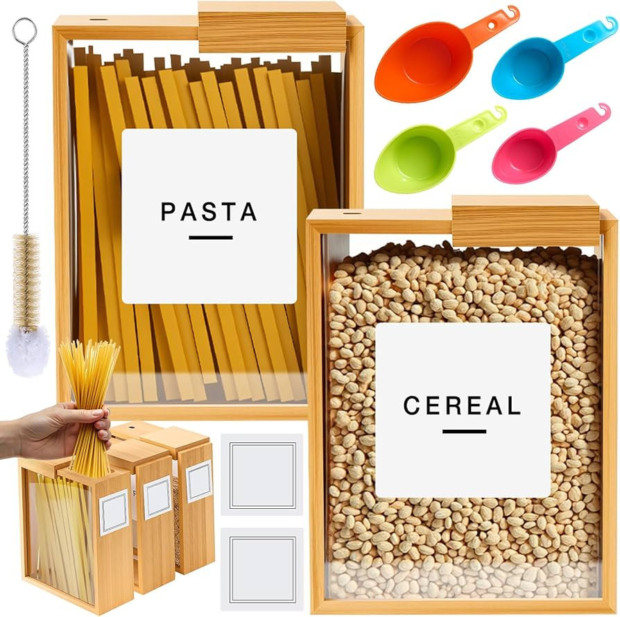 2 Pcs Bamboo Cereal Dispenser 75 Oz/ 2.2 l Kitchen Food Storage Containers with Measuring Cups fo... | Amazon (US)