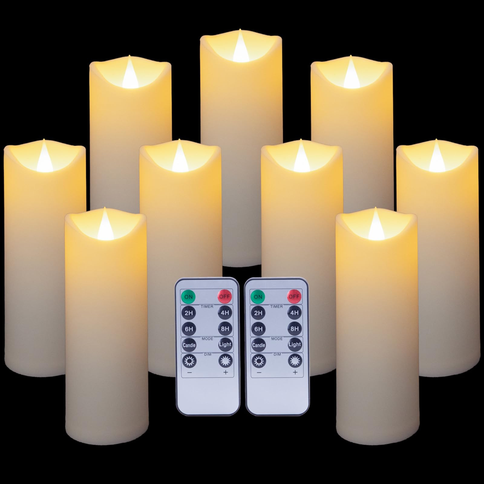 Enido 9 Pc Flickering Flameless LED Candles with Remote Timer for Romantic Ambiance and Home Decoration Battery Operated Pillar with 3D Flame (D: 2.2” x H: 5”, 6”, 7”) | Amazon (US)