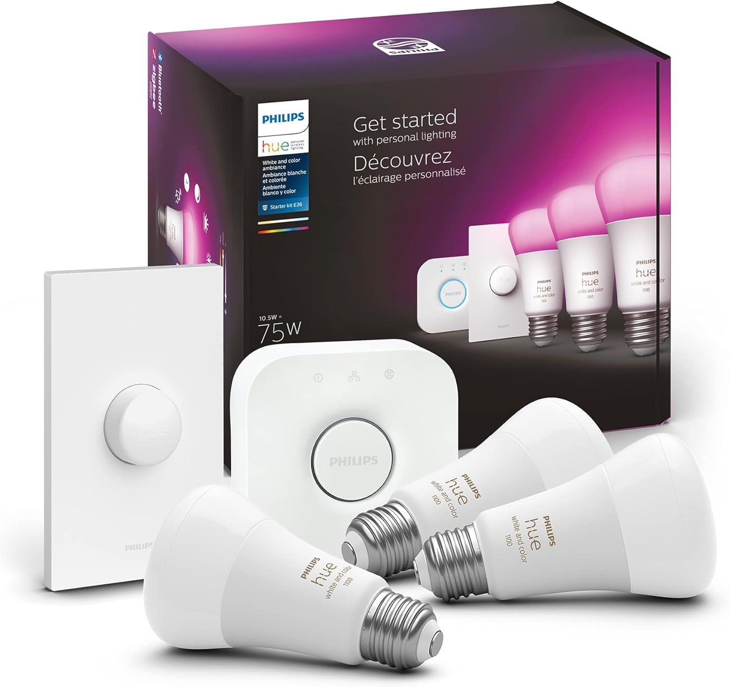 Philips Hue Smart Light Starter Kit - Includes (1) Bridge, (1) Smart Button and (3) Smart 75W A19... | Amazon (US)