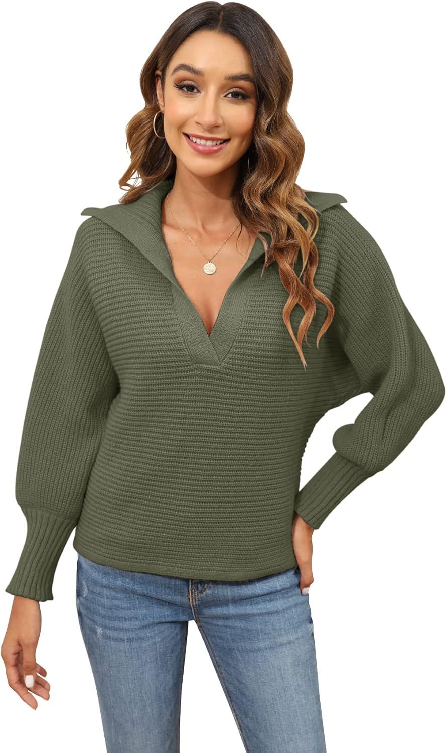 Womens V Neck Collared Long Sleeve Batwing Pullover Sweaters Cute Casual Loose Warm Ribbed Knit T... | Amazon (US)