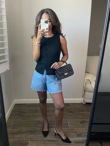 Today’s reel outfit. Denim shorts are a size 26 in curve love. Wearing a small in Target vest 
#outfitoftheday
#summercapsulewardrobe

#LTKFindsUnder50 #LTKStyleTip #LTKFindsUnder100