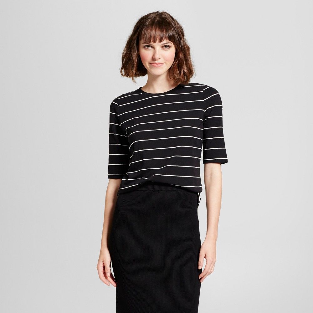 petiteWomen's Short Elbow Sleeve T-Shirt - Who What Wear White/Black Stripe XS | Target