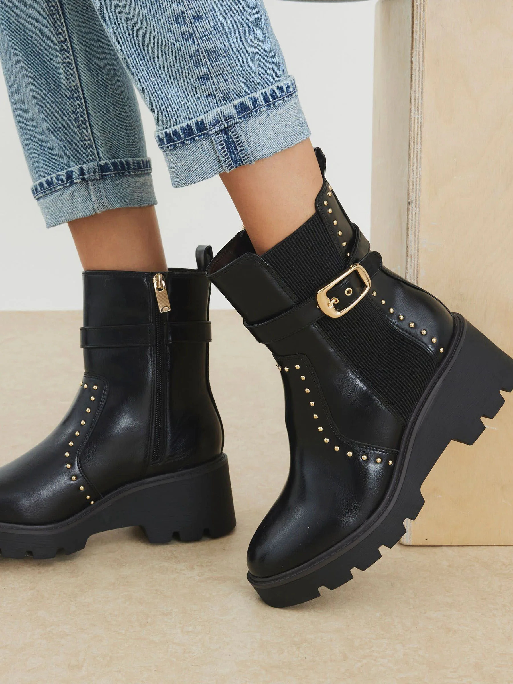 River Island River Island Black Studded Buckle Wedge Boots | Next US