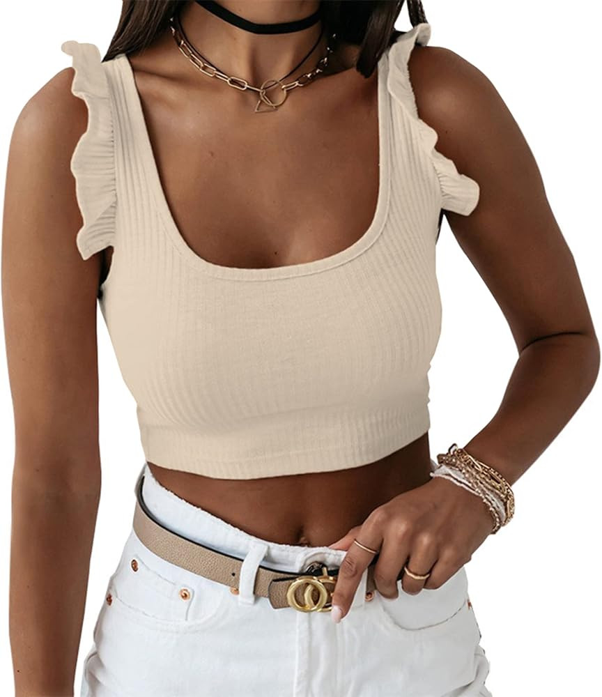 KAMISSY Women Casual U Neck Crop Tank Top Solid Ribbed Slim Fit Knit Ruffle Trim Crop Tops Vest | Amazon (US)