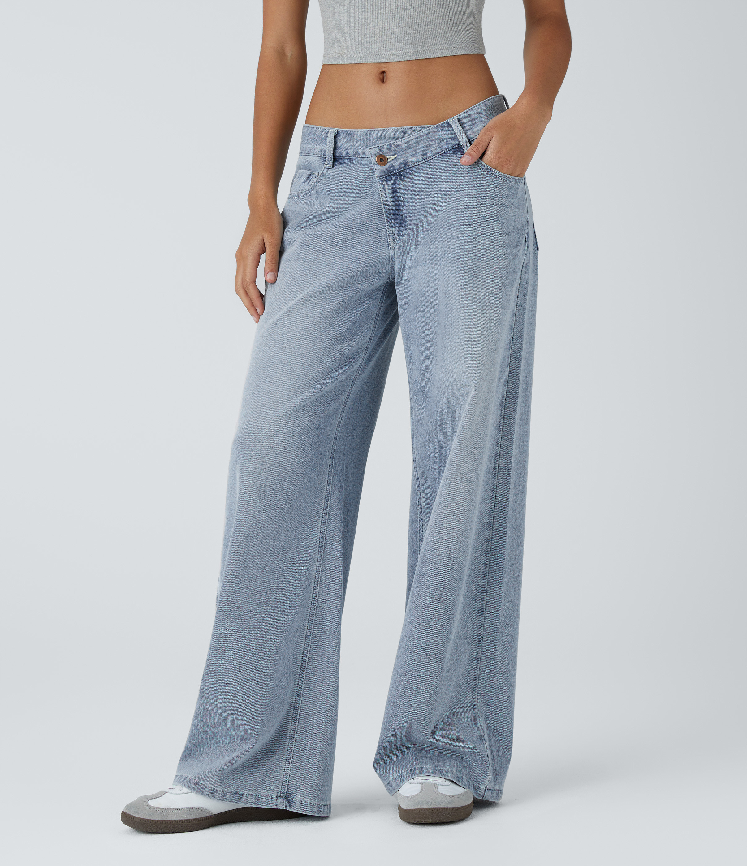 Halara Halara Flex™ Asymmetric Low Rise Zipper Pockets Baggy Wide Leg Washed Casual Jeans - Light Azure Denim - S(tall) | HALARA