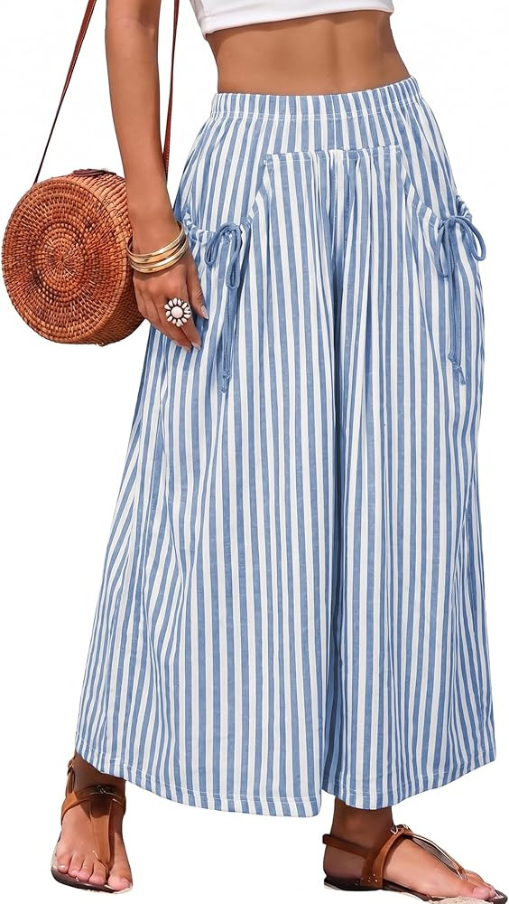 Athlisan Womens Striped Wide Leg Palazzo Pants Baggy Elastic Waist Lounge Trousers Beach Vacation... | Amazon (US)