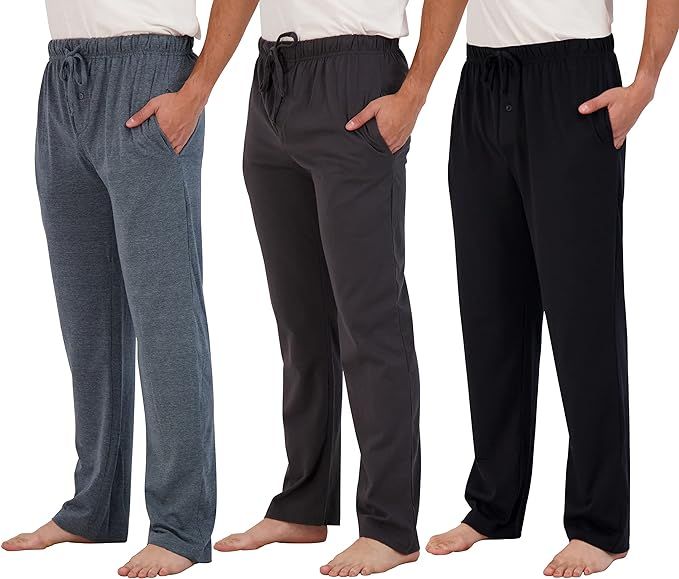 Real Essentials 3 Pack: Men's Pajama Pants - Knit Cotton Flannel Plaid Lounge Bottoms- Button Fly... | Amazon (US)