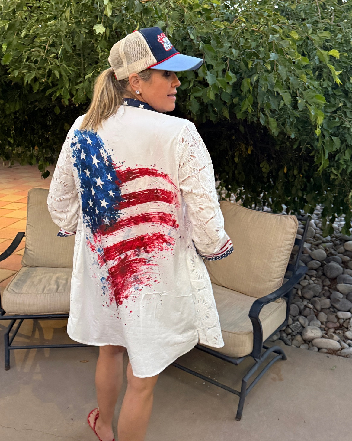 American summer
Celebrating ❤️🤍💙🇺🇸 All summer long

How cute is the white lace button up with large heart American flag on back 🇺🇸and Stars and Stripes trim 💙⭐️and color 

On sale 
Cute as a bathing suit cover up or worn with shorts or linen pant . Tts 

Red bathing suit one piece 
Tts in a med 

Resign denim shorts tts in a size 27 

Red white and bougie baseball cap 

Red miller Tory Burch sandals 
Tts 

6 qt manufacturer diamond stud earrings

#LTKootd #LTKSaleAlert #LTKOver40
