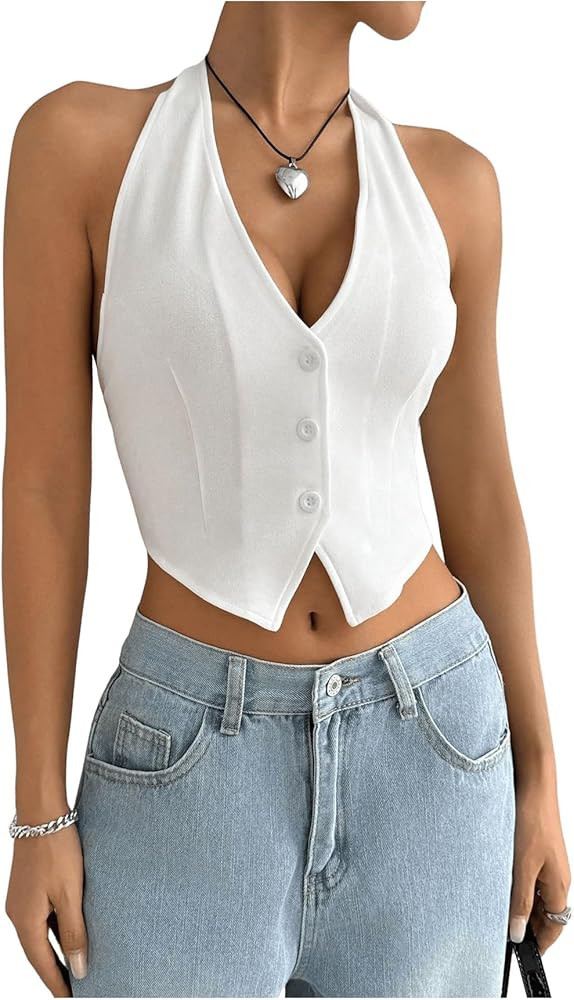 GORGLITTER Women's Fashion Cropped Vest Tops Sexy Backless Halter Tops Going Out Button Down Tank... | Amazon (US)