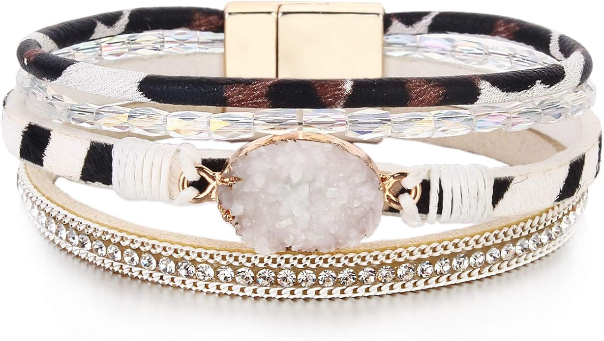 FANCY SHINY Leather Wrap Bracelet Boho Cuff Bracelets Crystal Bead Bracelet with Magnetic Clasp J... | Amazon (US)