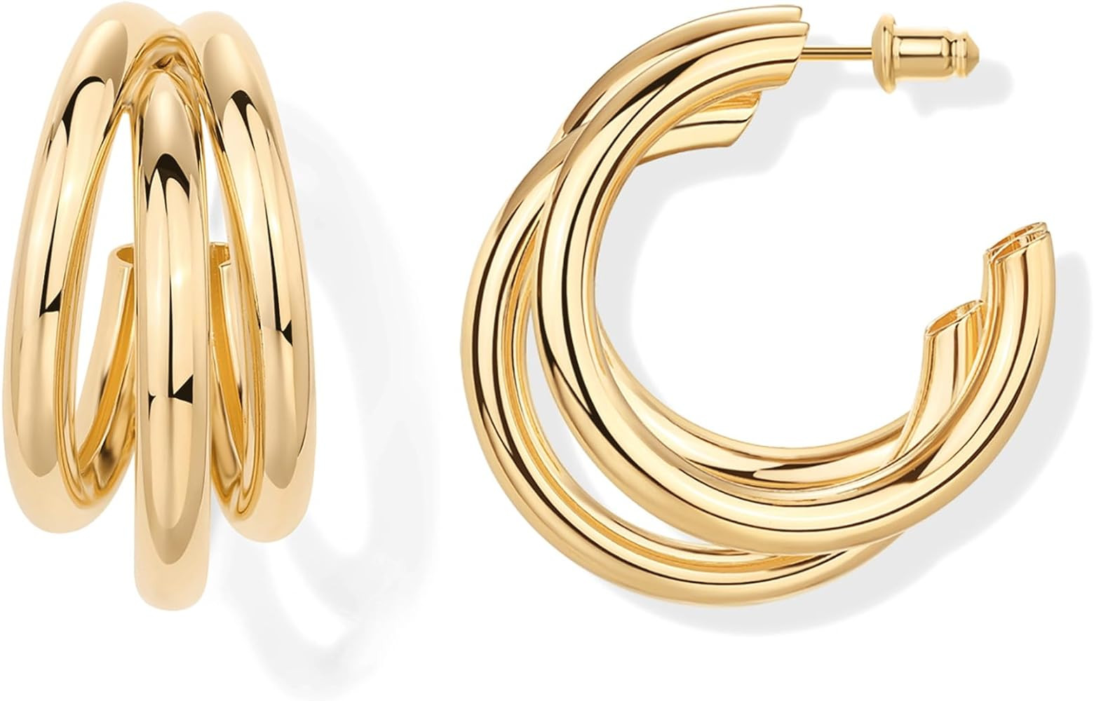 PAVOI 14K Gold Plated Chunky Multi Hoop Earrings for Women | Hypoallergenic Trendy Triple Split L... | Amazon (US)