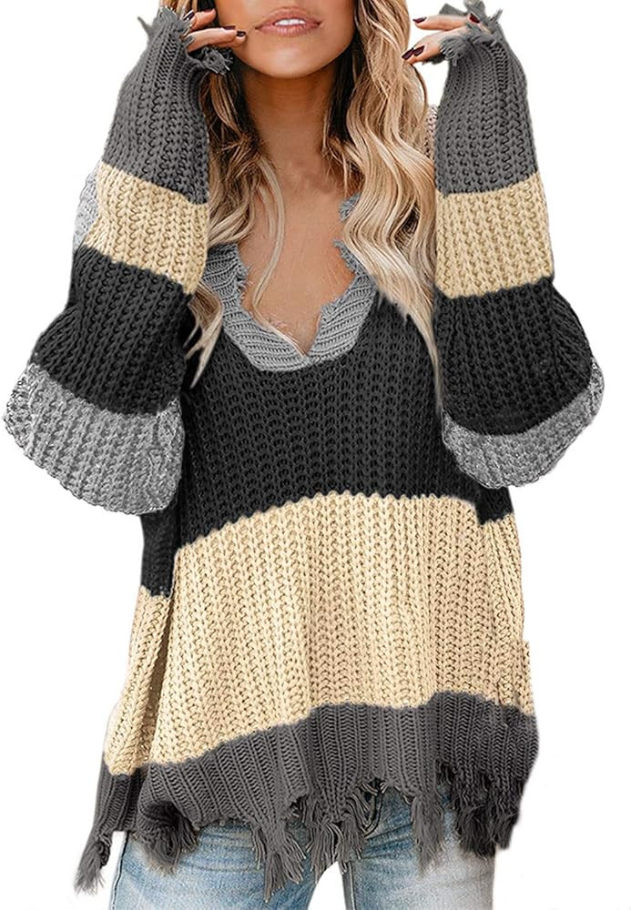 Happy Sailed Womens Cozy Knit Jumper Sweater Long Sleeve V Neck Color Block Ripped Pullover Sweat... | Amazon (US)