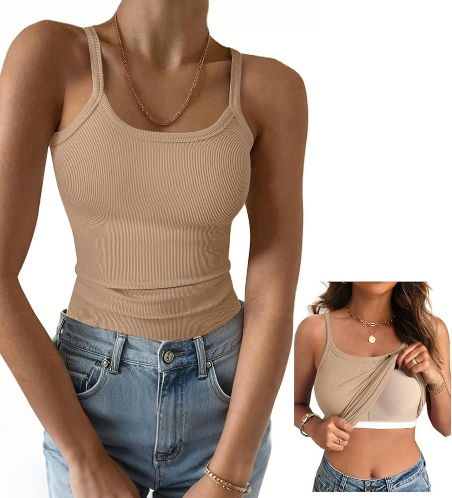 GKBK Women Built in Bra Tank Top Form Fitting Scoop Neck Ribbed Basic Padded Cami Shirts | Amazon (US)