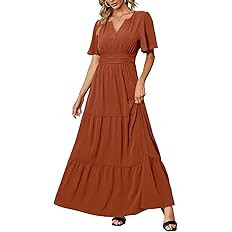 Amegoya Women's Summer Boho Maxi Dresses Casual V Neck Short Sleeve A-line Empire Waist Long Flow... | Amazon (US)