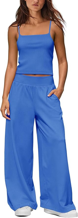 Yanekop Womens Summer Lounge Set 2 Piece Travel Outfits Two Piece Pants Set Spaghetti Strap Tank ... | Amazon (US)