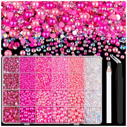 14000PCS Flatback Pearls and Pink Rhinestones for Bedazzling Kit, Hot Pink Mixed Size 3-10mm Resin Rhinestones and Half Pearls for Crafting, Nail Art Crafts Decoration | Amazon (US)