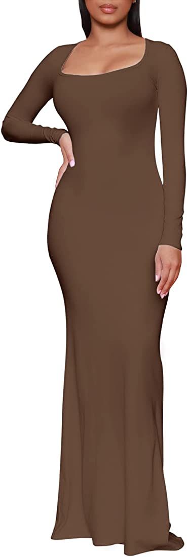 Hafailia Women's Casual Soft Lounge Dress Sexy Scoop Neck Long Sleeve Bodycon Maxi Dresses Evenin... | Amazon (US)