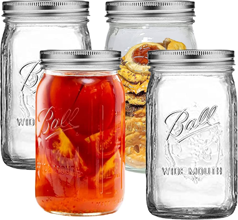 Wide Mouth Mason Jars 32 oz - (4 Pack) - Ball Wide Mouth 32-Ounces Quart Mason Jars With Airtight... | Amazon (US)