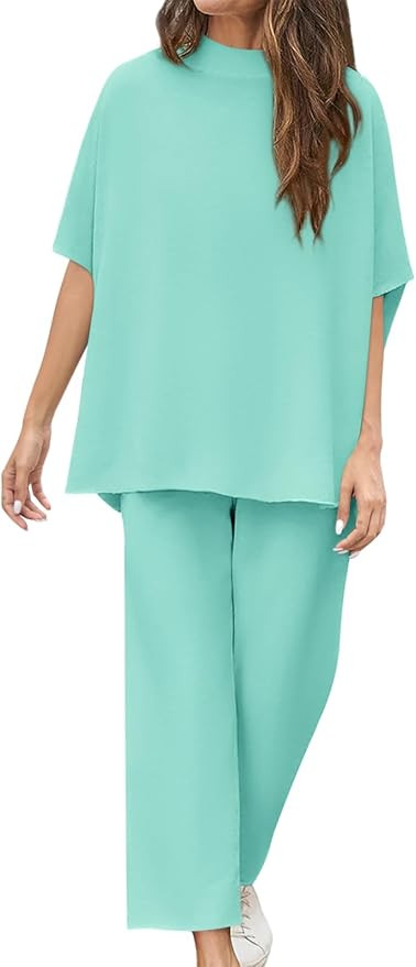 Yousify Women's Two Piece Outfits Crew Neck Pullover Tops 3/4 Batwing Sleeve Capelet Wide Leg Pan... | Amazon (US)