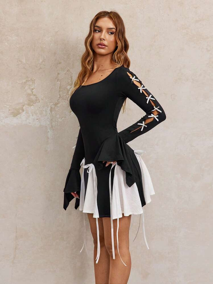 SHEIN SXY Contrasterende kleur strikdetail mini zwarte jurk, zomerjurk, nieuwjaarsjurk, zwarte mi... | SHEIN