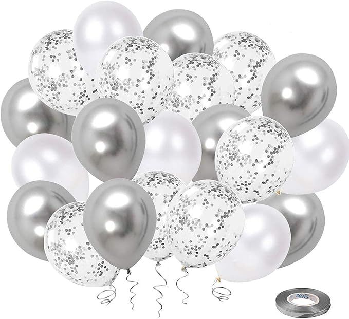 White Silver Confetti Latex Balloons, 50 Pack 12inch Silver Metallic Chrome Party Balloon Set wit... | Amazon (US)