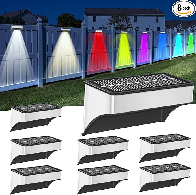 Solar Fence Lights Outdoor 8 Pack, LED Step Lights with 9 Lighting Options, Stainless Steel & IP6... | Amazon (US)