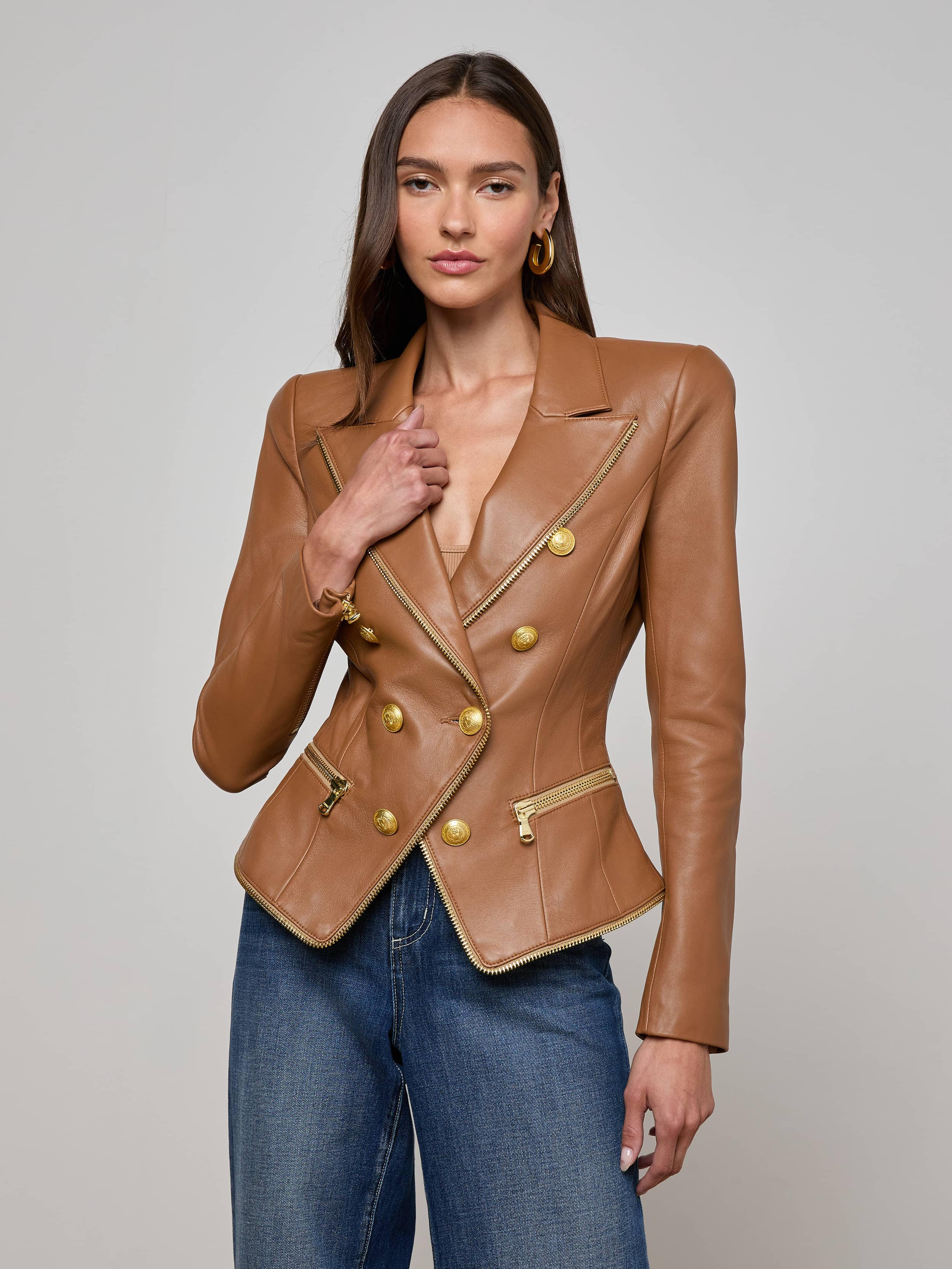 Ottilie Leather Blazer in Soft Cognac | L'AGENCE | L'Agence