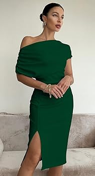 Memoriesea Women's Elegant Off Shoulder Split Hem Bodycon Ruched Midi Club Party Dress | Amazon (US)