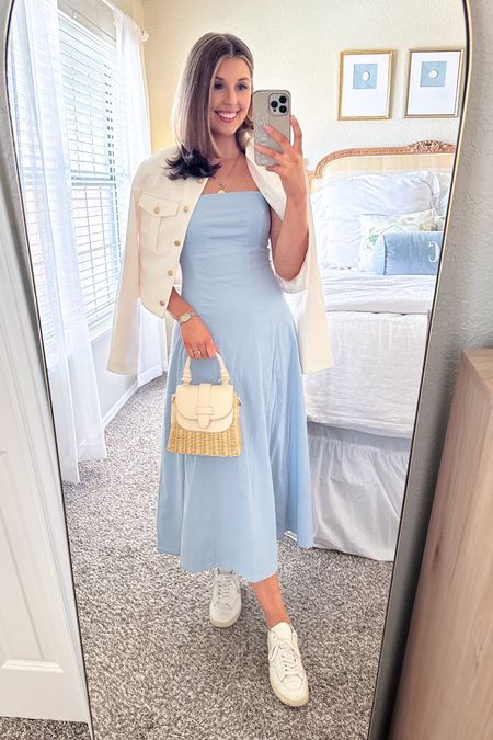 Chic look for spring! Wearing an XS in jacket and XS/reg in dress! It looks like the blue color of this dress sold out SO fast! Linked similar options as well. Purse is old from Anthro.

Spring dress // church dress // midi dress // baby shower // bridal shower// 

#LTKstyletip #LTKSeasonal