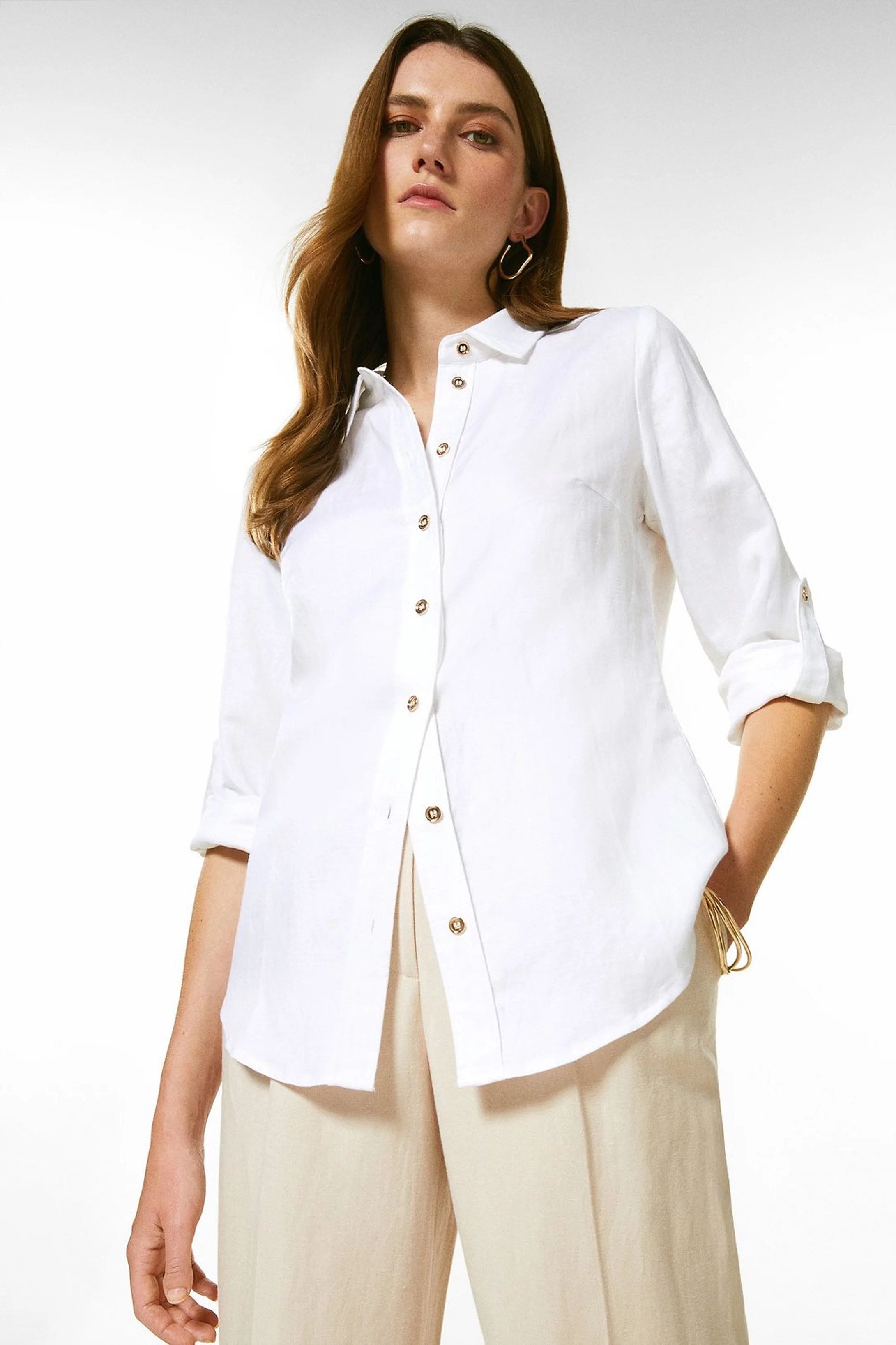 Viscose Linen Woven Button Detail Shirt | Karen Millen UK + IE + DE + NL