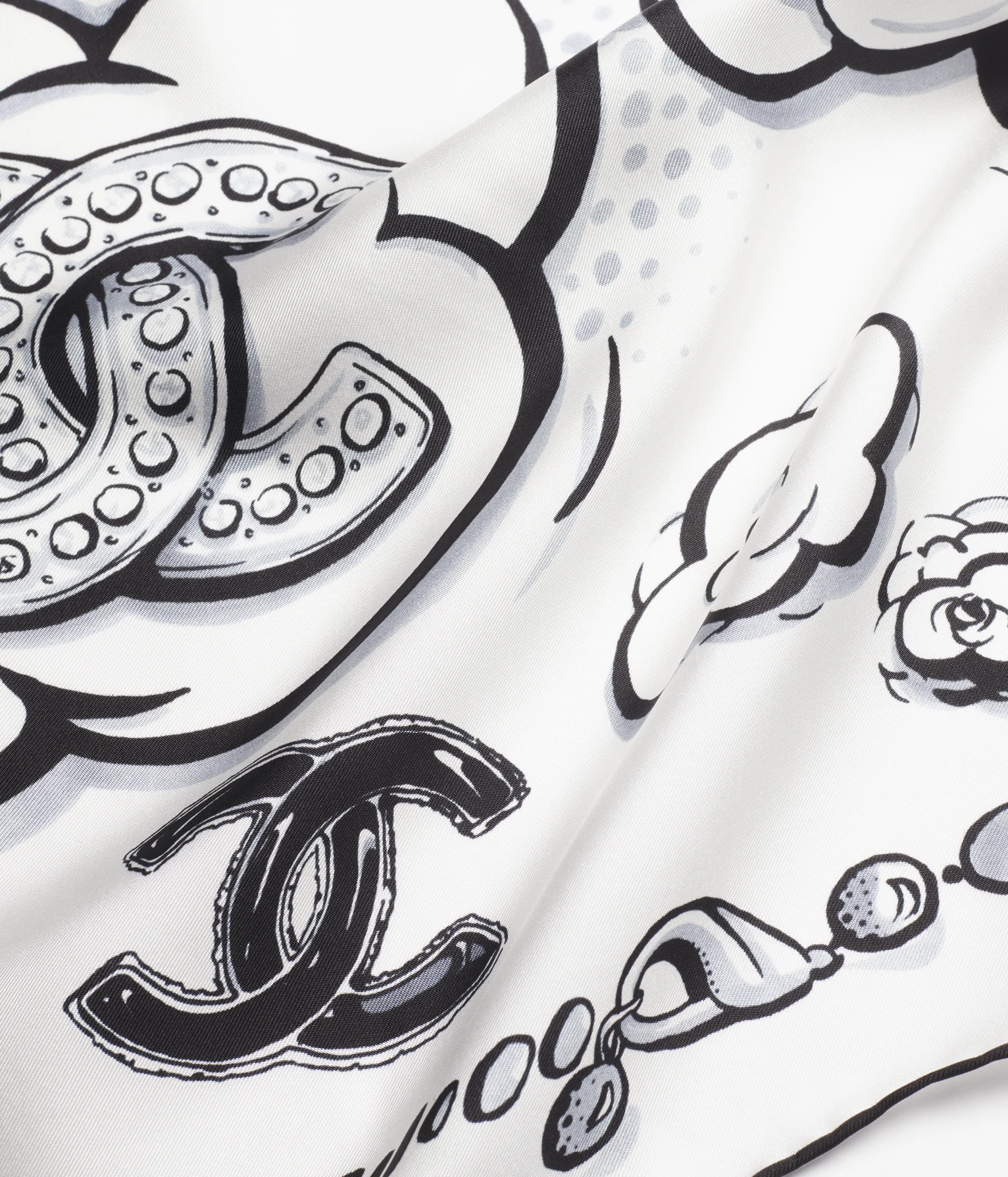 Square scarf - Silk twill, white, gray & black — Fashion | CHANEL | Chanel, Inc. (US)