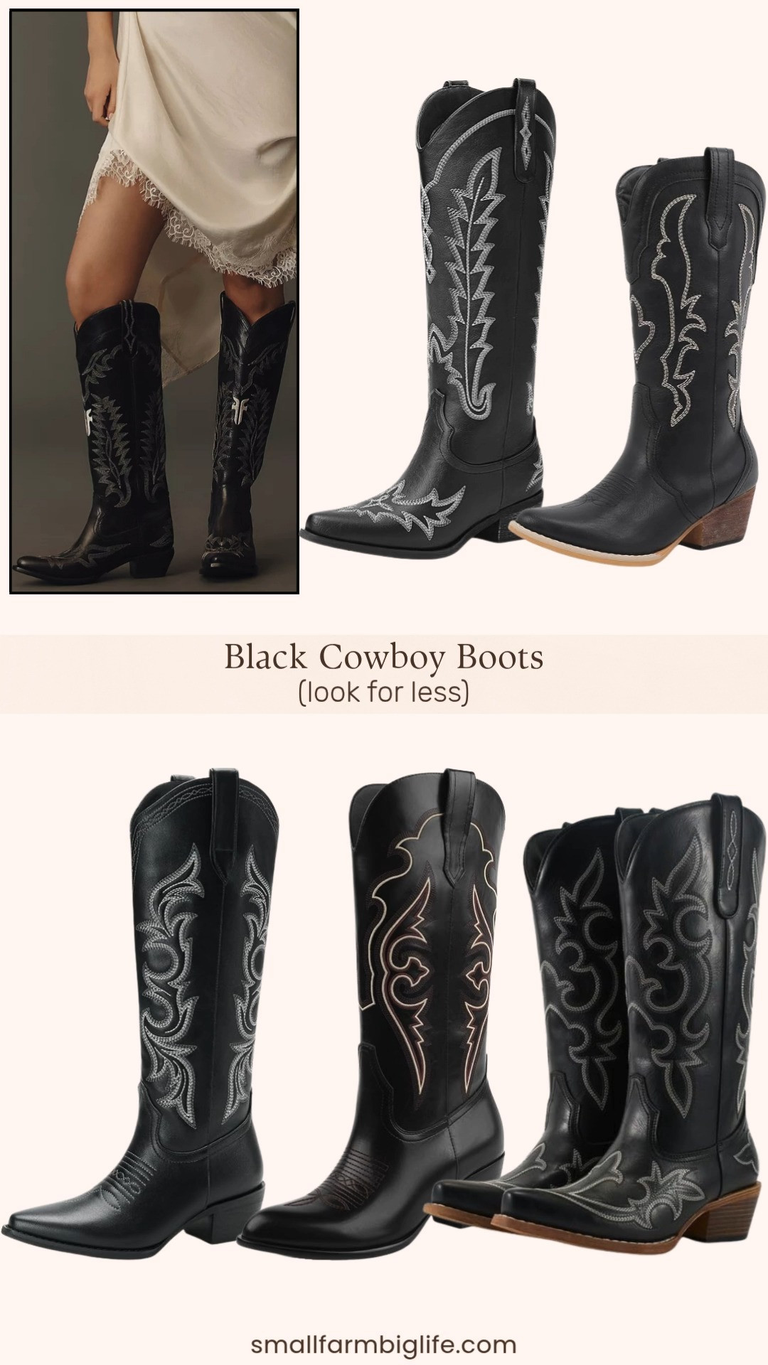 The Frye x Anthropologie Sacha Feather Cowboy Boots are absolutely stunning but at $428 they are a serious splurge. If you love the black cowboy boot trend but want to try it at a fraction of the price Amazon has some really beautiful options right now starting at just $29. I rounded up five styles including mid calf and knee high options with embroidered details, chunky heels, pointed toes, and pull on or zipper closures that give you that same western statement look for under $60. Perfect for country concerts, fall outfits, and everyday western style. Both the Frye version and all five Amazon options are linked so you can decide which works best for your budget. Tap to shop! 

 #LTKgrwm #LTKootd #LTKOver40