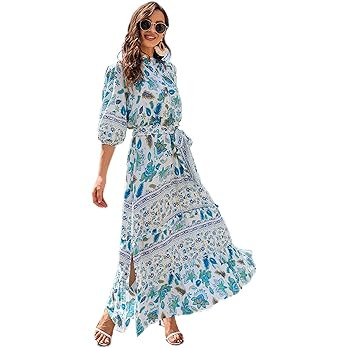 Women 3/4 Sleeves Front Buttons Floral Print Casual Bohemian Maxi Dresses | Amazon (US)