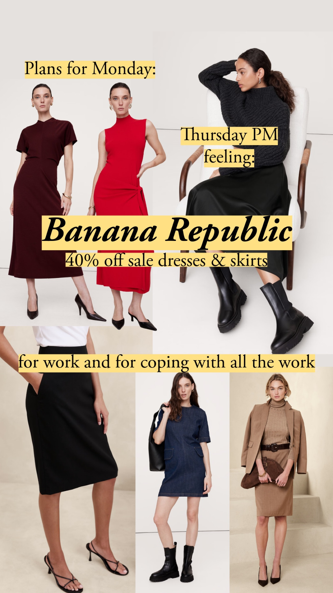 Banana Republic friends and family sale: skirts and dresses. 

I love that denim dress so much, and I’m recommending it bc it reminds me of my Miu Miu dress. I wear mine a lot, so I am figuring someone here will love this BR dress, too. 

If you don’t know who’s showing up to dinner, and you need to be polished and also at ease: perfect. Great for travel; it’s denim so it won’t wrinkle. Can you tell I want it and I’m having a hard time keeping it out of my cart?

The rest are great for work and for regrouping. I love the silk skirt so much  

#LTKFallSale #LTKFindsUnder100 #LTKWorkwear