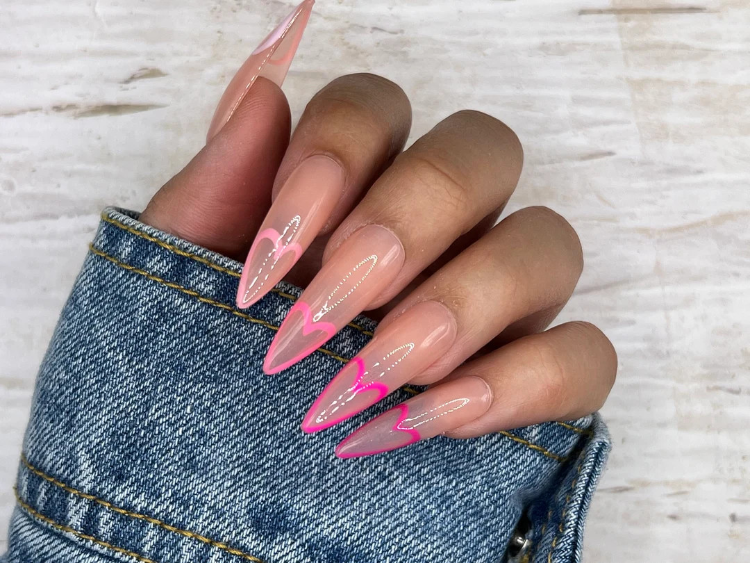 Heart Shape Frech press on Nails  Glue on Nails  Long Nails - Etsy | Etsy (US)