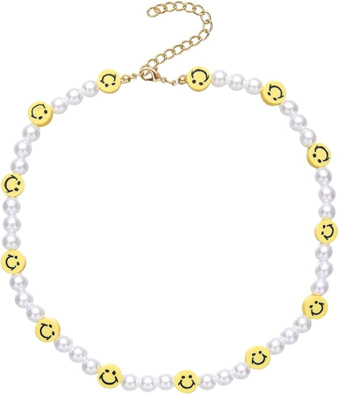 Smiley Face Pearl Choker Necklace Cute Flower Pearl Necklace Love Fruit Animal Dessert Hademade Y... | Amazon (US)